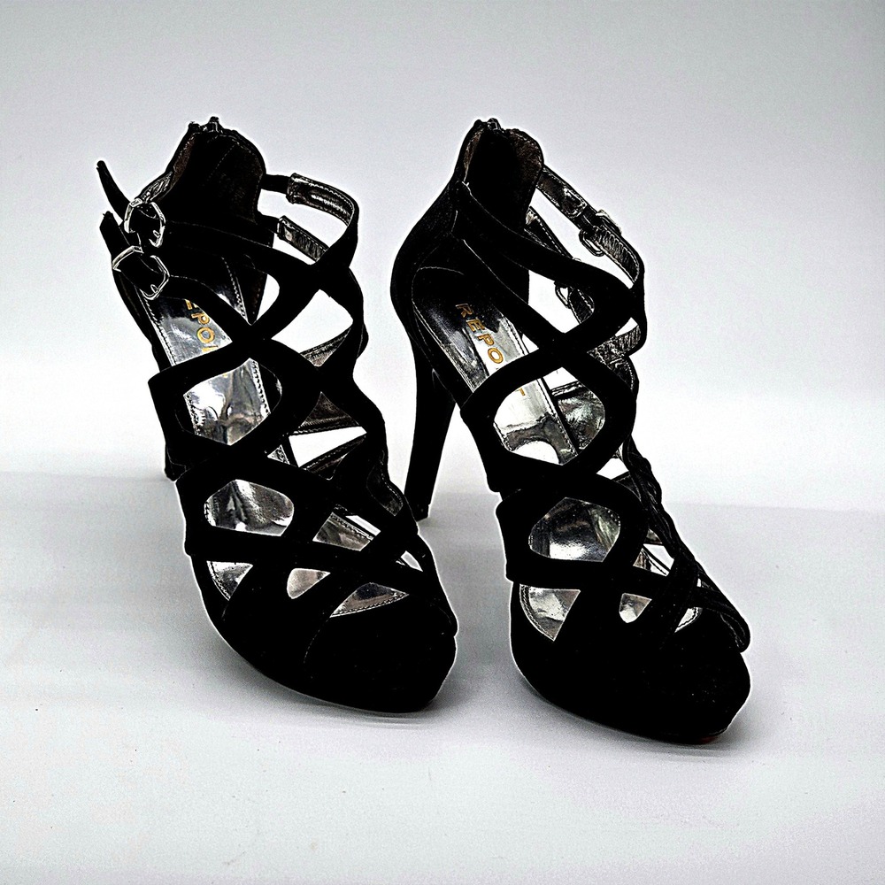 Report Womens Strappy Stiletto Sandals Black Faux Suede Cage Heels Size 8.5